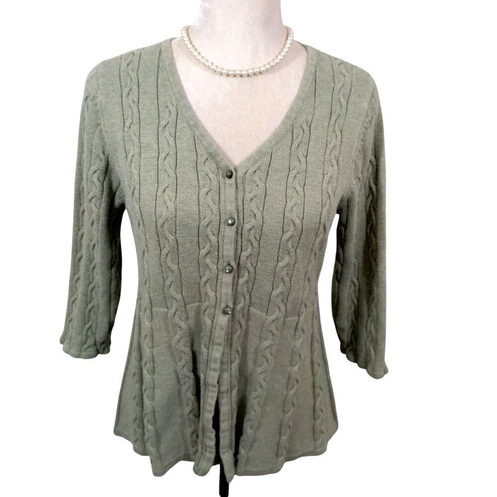 Croft & Barrow Womens Large Cardigan Sweater Green 1/4 Button V Neck 3/4 Sleeve - Picture 1 of 9